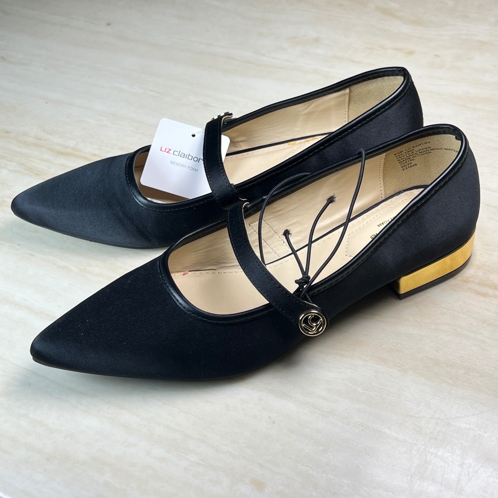 Liz Claiborne Black Satin Pointed Toe Mary Jane Flats with Gold Heel Memory 8.5 - Picture 4 of 12